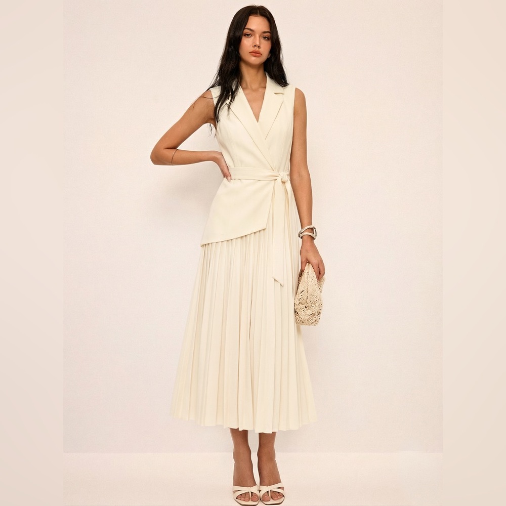 Sleeveless Cream Wrap Pleated Midi Dress